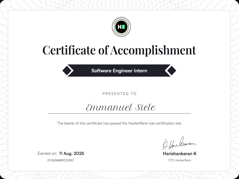 Software Engineer Intern Certification
